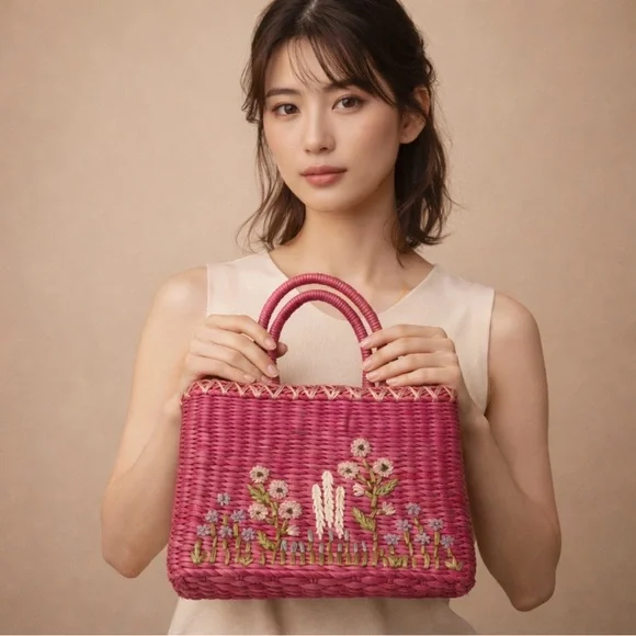 Vintage 1980’s Marlo Pink Floral Embroidered Woven Tote Bag Purse - Picture 14 of 14